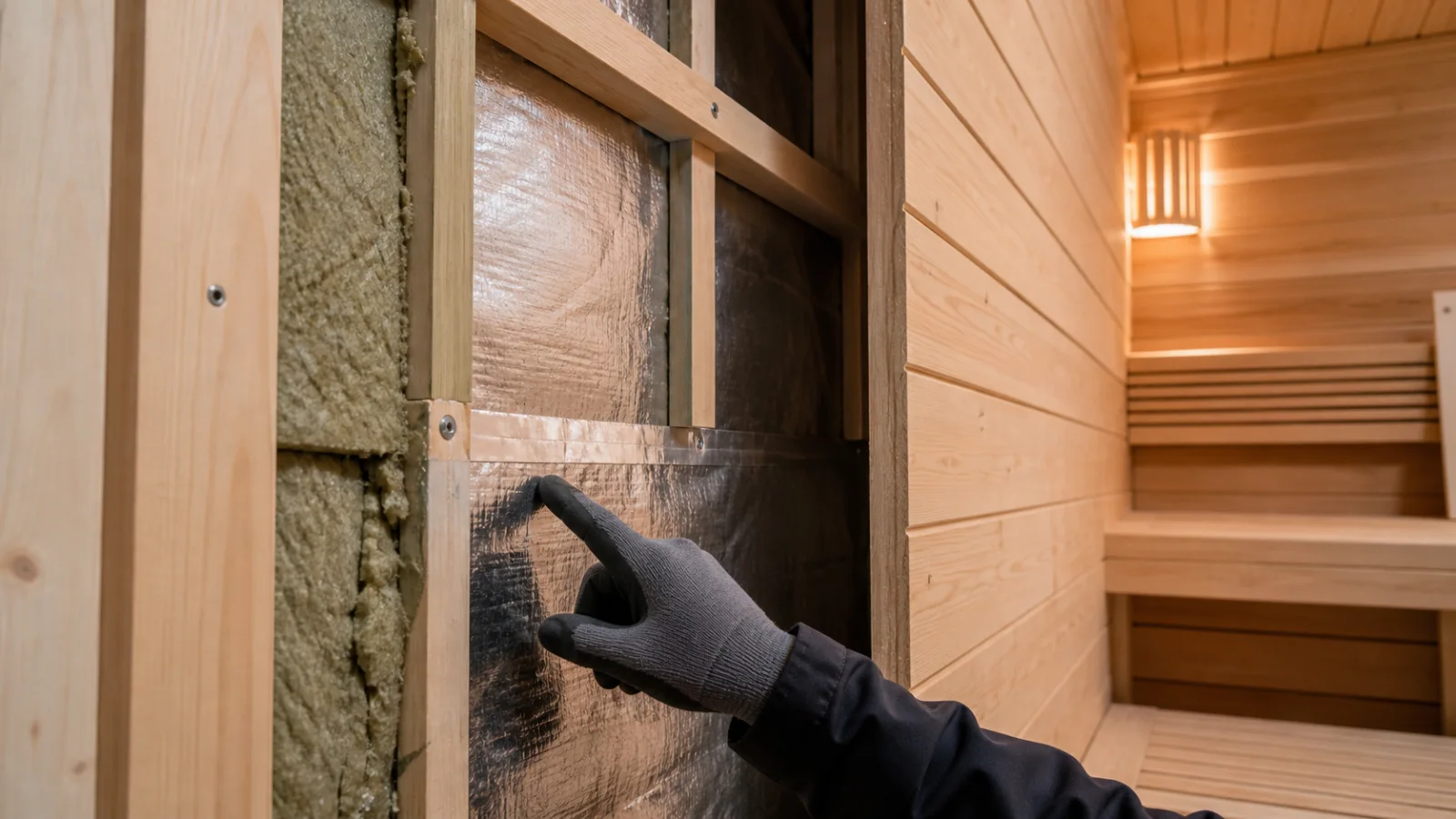Geöffneter Sauna-Wandaufbau mit Dämmung, verklebter Aluminium-Dampfsperre und Hinterlüftungslattung