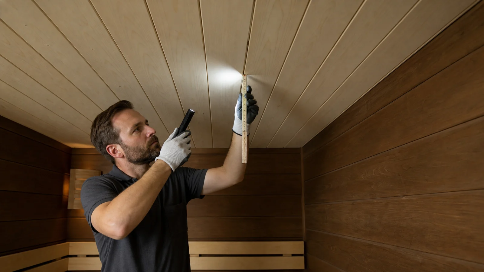Fachliche Sichtprüfung einer schmalen Fuge zwischen hellen Sauna-Deckenpaneelen
