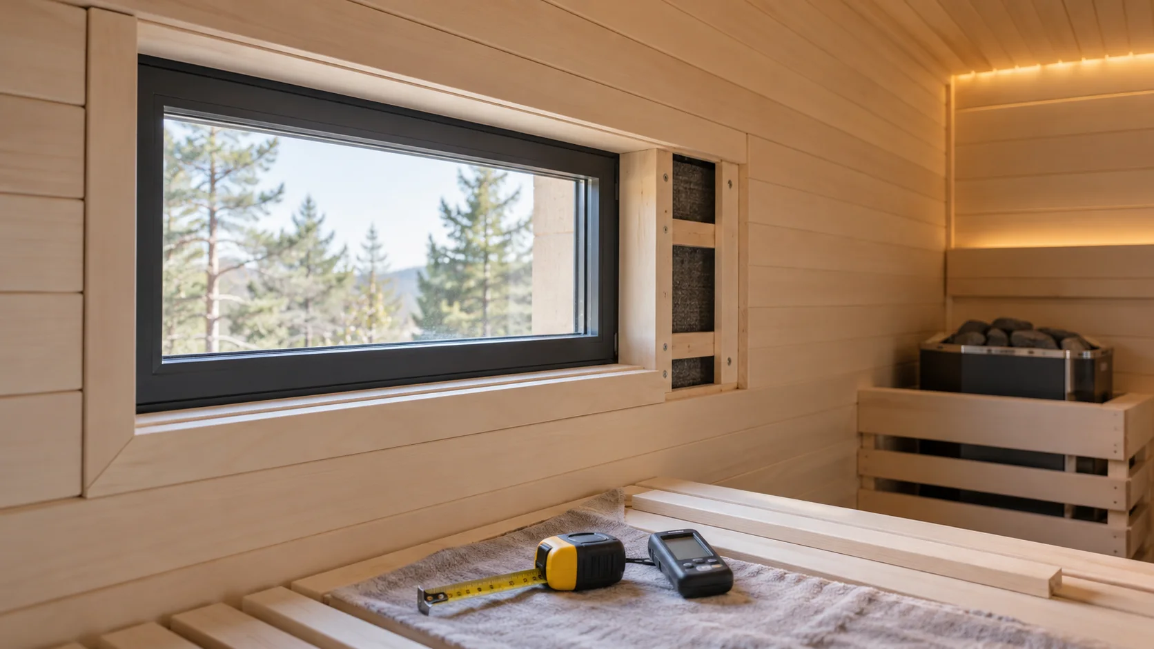 Kleines Saunafenster in einer hellen Holzwand mit geöffneter Anschlusszone und sichtbarer Hinterlüftung bei einer Bestandsprüfung