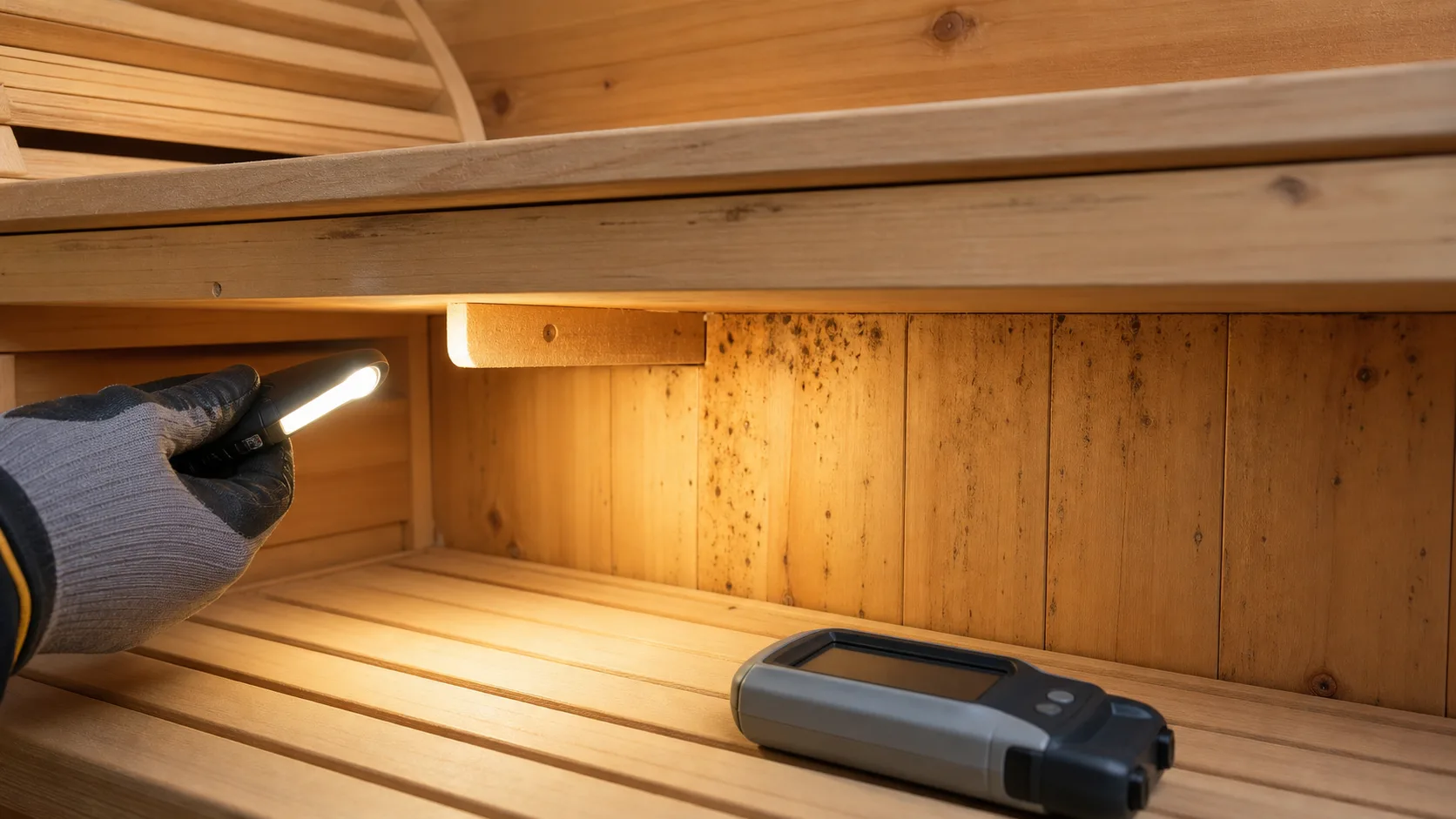 Techniker beleuchtet dunkle Punkte am Innenholz einer Sauna unter einer angehobenen Bank, daneben liegt ein Feuchtemessgeraet