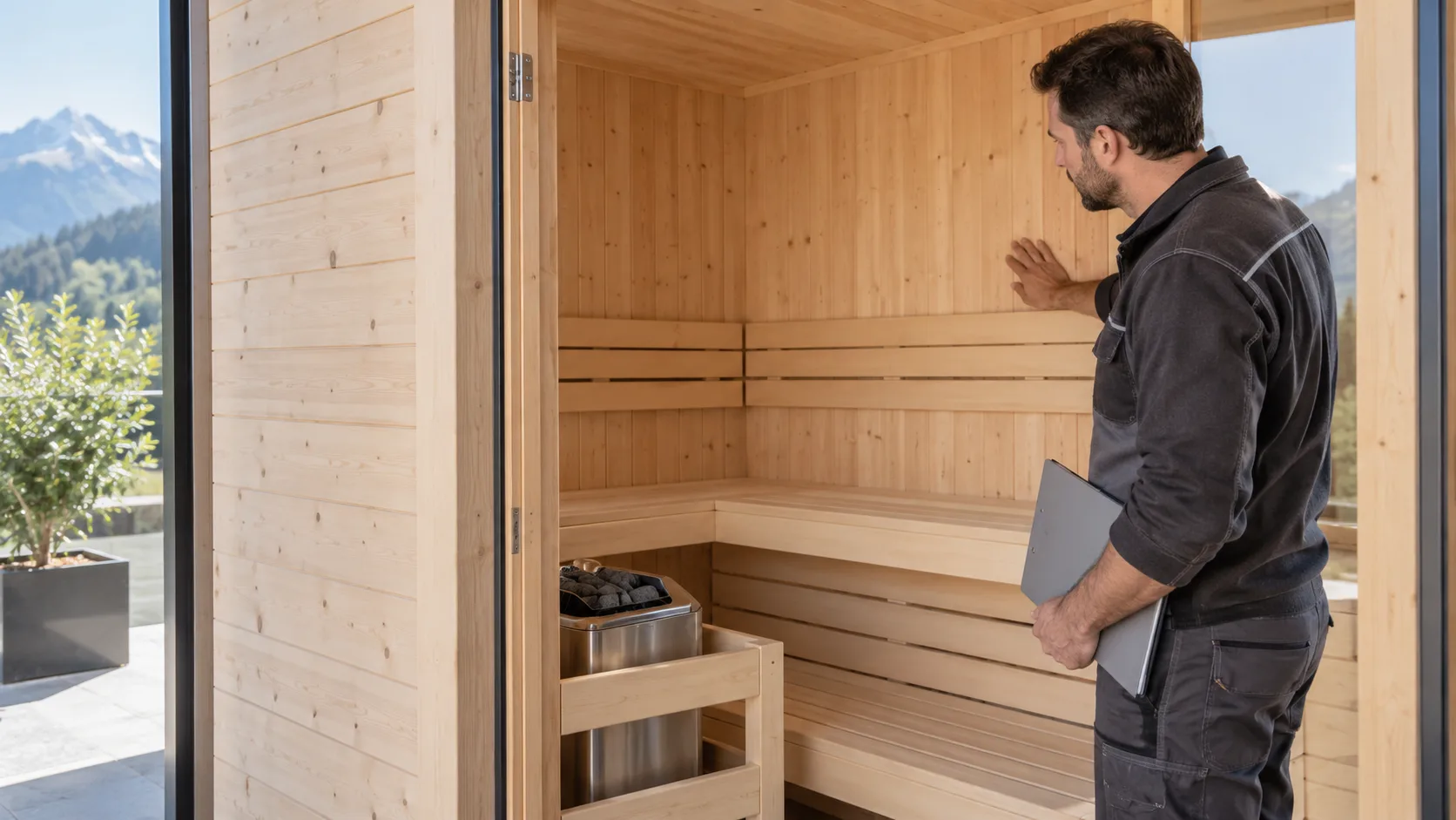 Techniker prüft das unbehandelte Holz einer geöffneten Sauna nach einer Sanierung