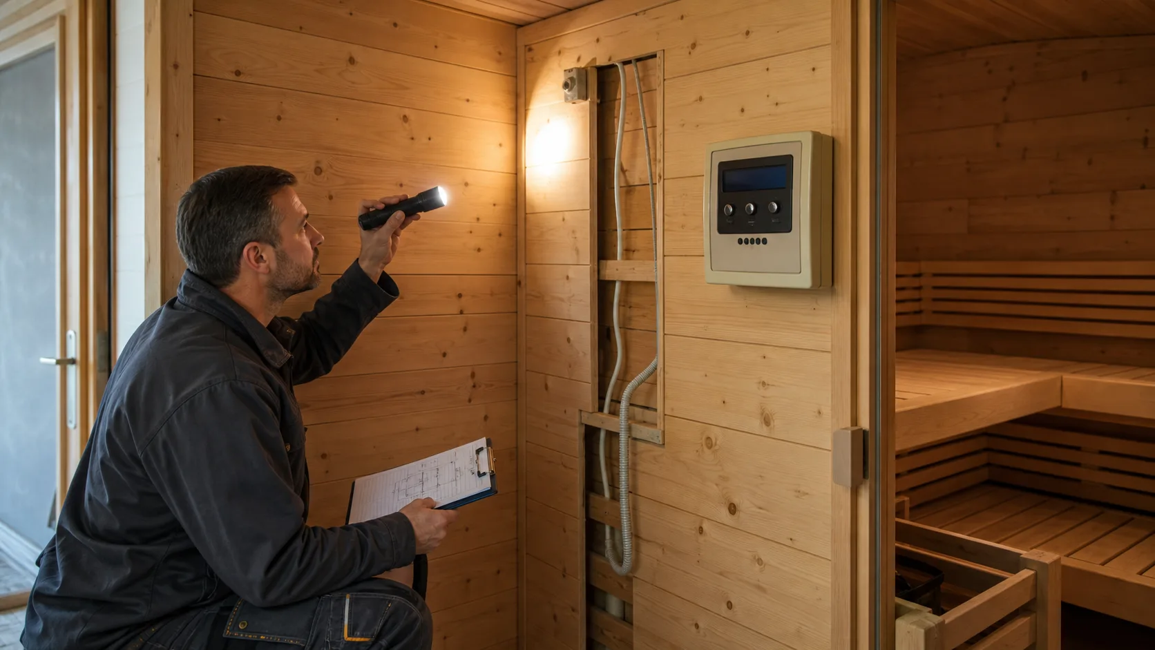 Servicetechniker dokumentiert in einer ausgeschalteten Holzsauna Sensorposition, Leitungsweg und alte Steuerung